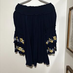 Max Edition Navy Off Shoulder Pleated Blouse Floral Embroidery Bell Sleeves L